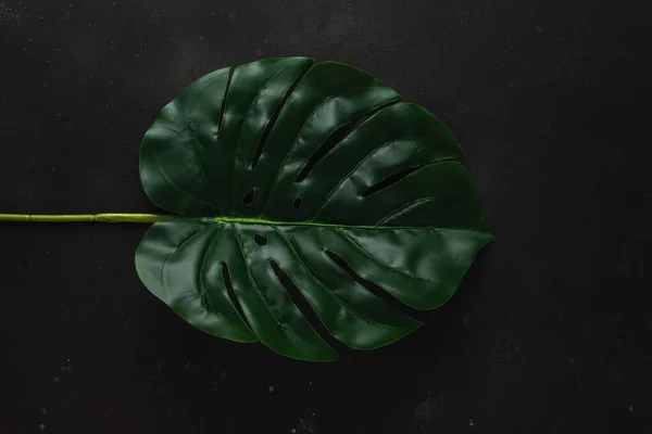 Creative layout with green tropical palm leaves on black background. Minimal summer abstract pattern.