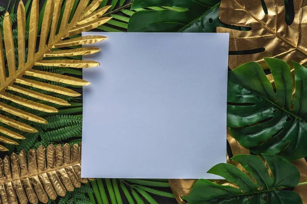 Creative layout with gold and green tropical palm leaves with white frame on black background. Minimal summer abstract pattern.