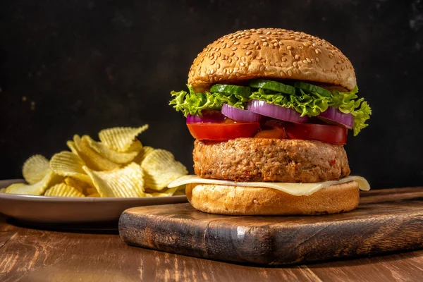 View Fresh Tasty Burger Wooden Rustic Table Food Background — Stock Photo, Image