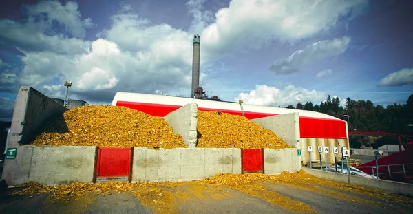 Planta de energía biológica con almacenamiento de combustible de madera contra el cielo azul —  Fotos de Stock