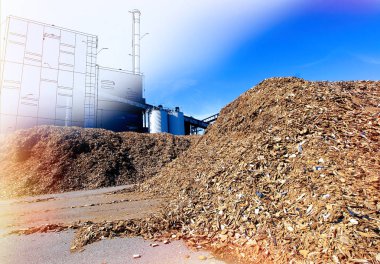 Bio enerji santrali blu karşı ahşap yakıt depolama ile çizim