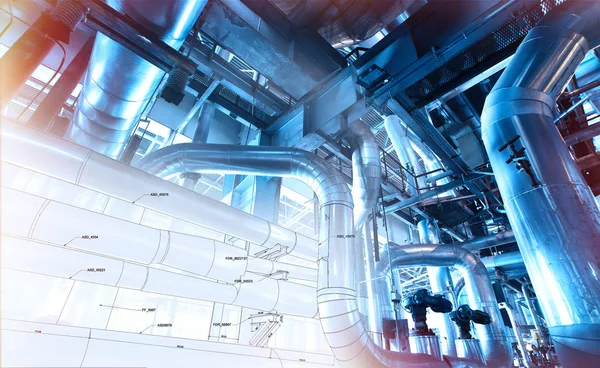 Desenho de projeto de tubulação misturado com foto de equipamento industrial — Fotografia de Stock