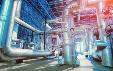 Sanayi bölgesi, mavi tonlu çelik boru hatları.