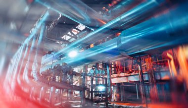 Endüstriyel fabrika. Çeşitli mekanizmaları ve metal borular. Tonda im