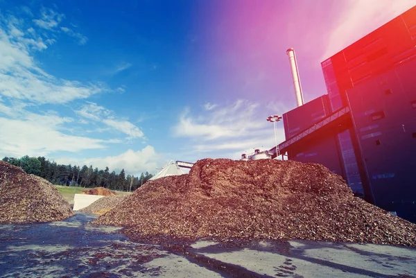 Bio kraftverket med lagring av trä bränsle (biomassa) mot bl — Stockfoto