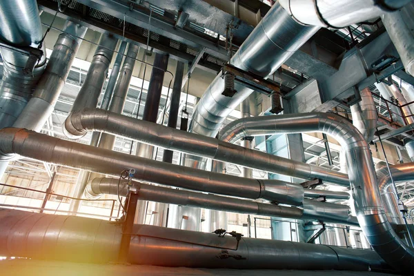 Industrial Steel pipelines, valves, cables and walkways — Stock Photo, Image