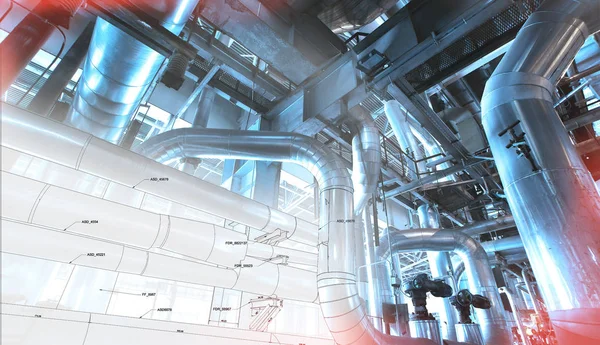 Desenho de projeto de tubulação misturado com foto de equipamento industrial — Fotografia de Stock