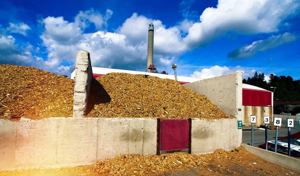 Bio power plant with storage of wooden fuel against blue sky — Stock Photo, Image