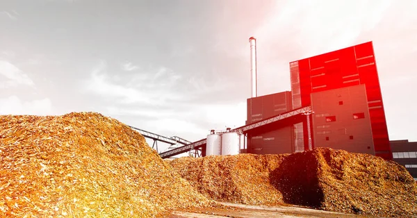 Centrale bio avec stockage de combustible en bois contre ciel bleu — Photo