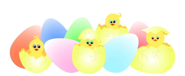 Πολύχρωμα αυγά του Πάσχα με τα κοτόπουλα — Διανυσματικό Αρχείο