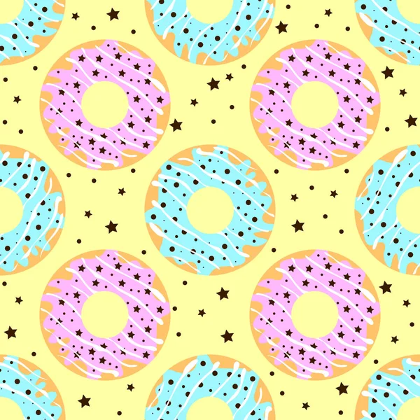 Donuts avec glaçage rose et bleu et pépites de chocolat — Image vectorielle