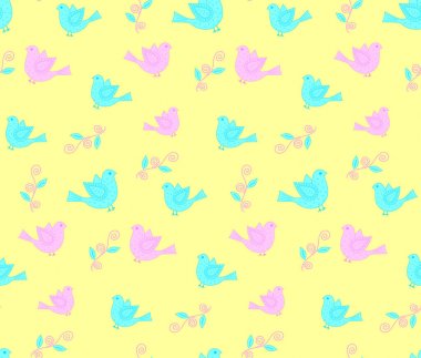 pembe ve Mavi kuşlar ve süslü çiçek sarı arka plan ile Seamless Modeli