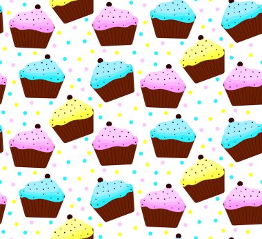 Mavi, sarı, pinkl krema ve çikolata parçacıklı ile cupcakes seamless modeli
