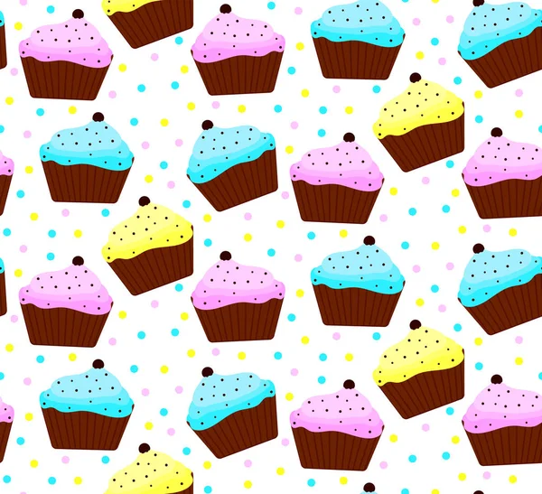 Mavi, sarı, pinkl krema ve çikolata parçacıklı ile cupcakes seamless modeli