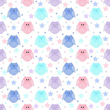 yıldız ba ile sevimli mavi, açık mavi, pembe ve mor baykuşlar