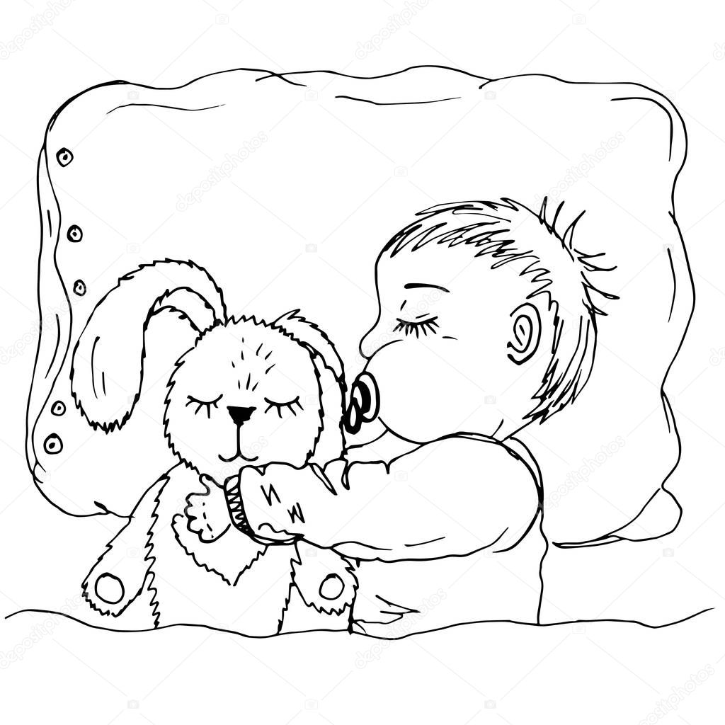 Niño durmiendo en su cama para colorear | Doodle de bebé durmiendo con