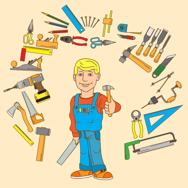 Handyman och uppsättning handverktyg för produktivt arbete. — Stock vektor