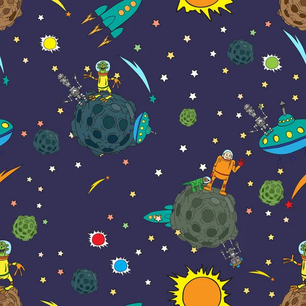 Nahtloser Hintergrund, Weltraum, Raketen und Ufos Sterne. Treffen mit anderem Grund. lizenzfreie Stockillustrationen