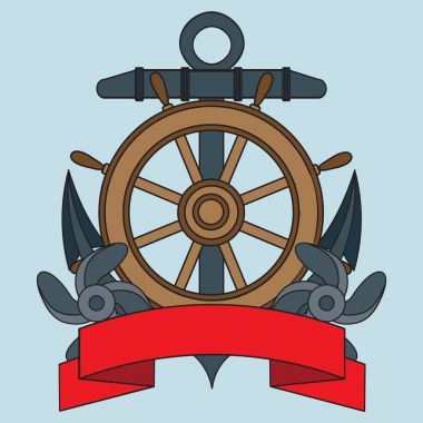 Deniz tema üstünde kutsal kişilerin resmi. Lifebuoy, çapa, direksiyon simidi, yazıt için şerit kıvranma.