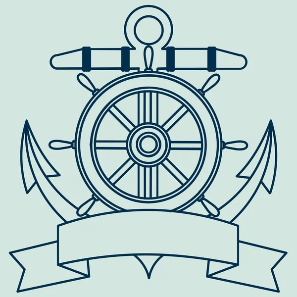 Икона на морскую тему. Lifebuoy, Anchor, Руль, извивающаяся лента для надписи . — стоковый вектор