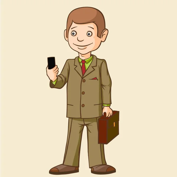 Een zakenman staat met een telefoon in zijn hand. Zeer gepassioneerd over communicatie. — Stockvector