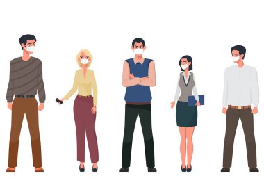 Erkek ve kadın çalışanlardan ya da meslektaşlardan oluşan bir ekip. Hepsi maskeli