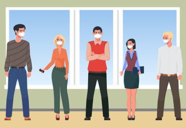 Erkek ve kadın çalışanlardan ya da meslektaşlardan oluşan bir ekip. Hepsi maskeli