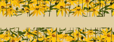 Çiçeksiz desen. Çiçekler ve yapraklar, yeşil, sarı, kırmızı tonlar. Yabani çiçekler ve otlar. Yaz otları. Vektör kusursuz illüstrasyon.