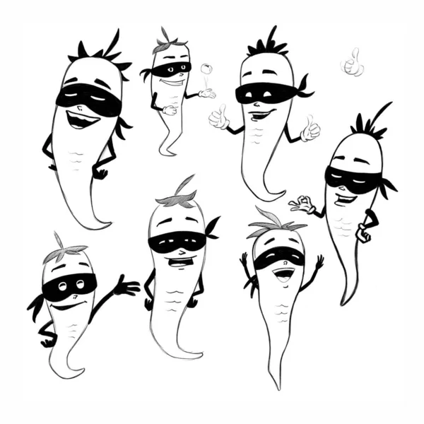 Schizzi del pepe mascherato in movimenti diversi e con emozioni diverse — Foto Stock