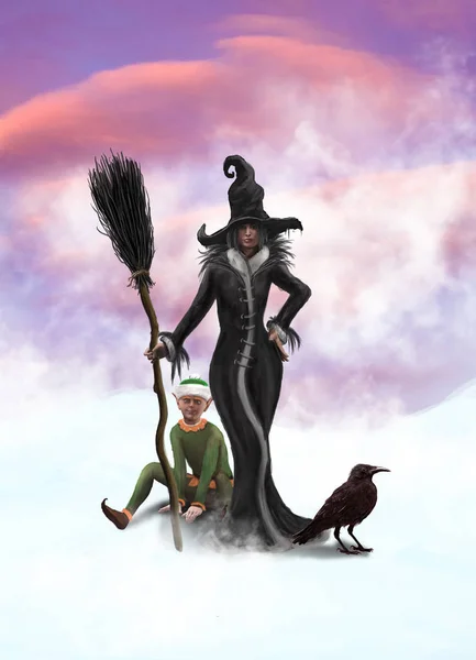 Una bruja, un elfo y un cuervo — Foto de Stock