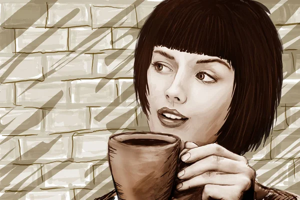 Güzel kız içecekler kahve — Stok fotoğraf