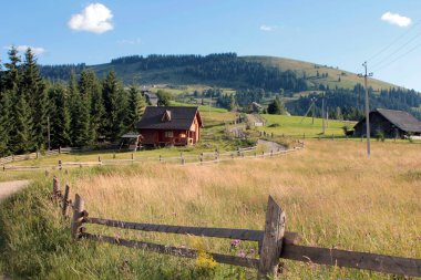Dağ köyü. Yaz, Bahar manzara. Orman yolu