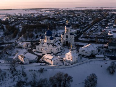 Stunning aerial view at Bogolyubsky Orthodox Monastery in Bogolyubovo, Vladimir Oblast, Russia, made with quadrocopter. clipart