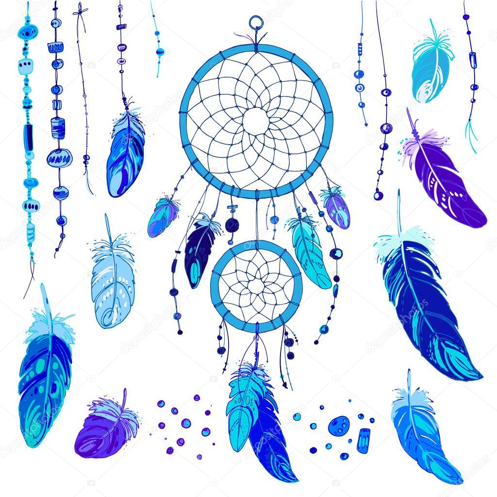Set of ornaments, feathers and beads.