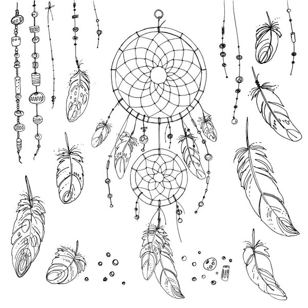 Set of ornaments, feathers and beads