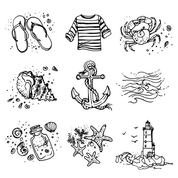 Zestaw ikon morze rysowane ręcznie — Wektor stockowy