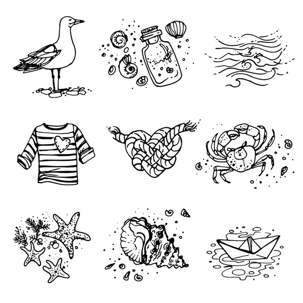 Set icone del mare disegnate a mano — Vettoriale Stock