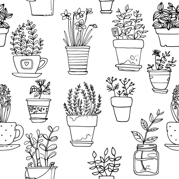 Hand-drawn flowerpots seamless pattern — Stock Vector