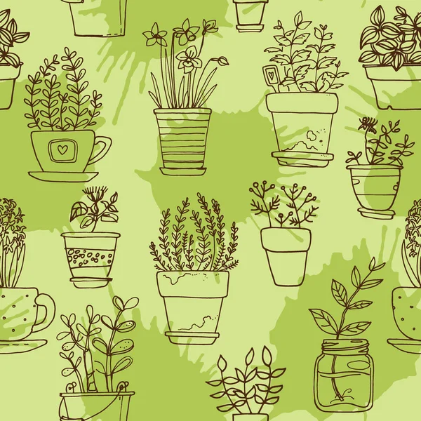 Hand-drawn flowerpots seamless pattern — Stock Vector