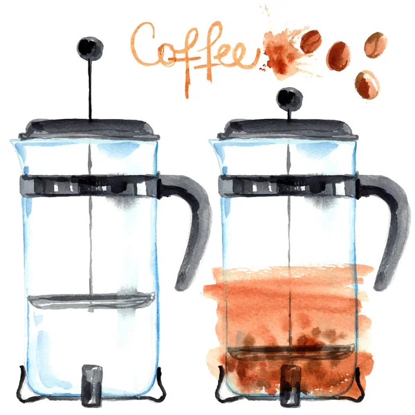 Handgezeichnete Aquarell-Kaffeekannen — Stockvektor