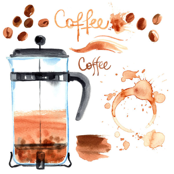 hand-drawn watercolor coffee pot