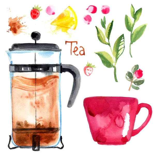 Ręcznie rysowane akwarela zestaw herbaty — Wektor stockowy