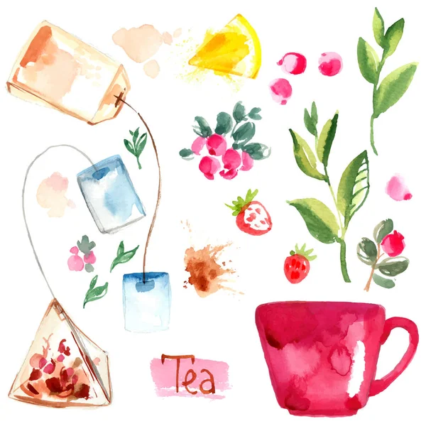 Set de thé aquarelle dessiné à la main — Image vectorielle