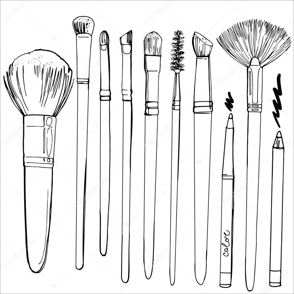 hand-drawn makeup brushes set