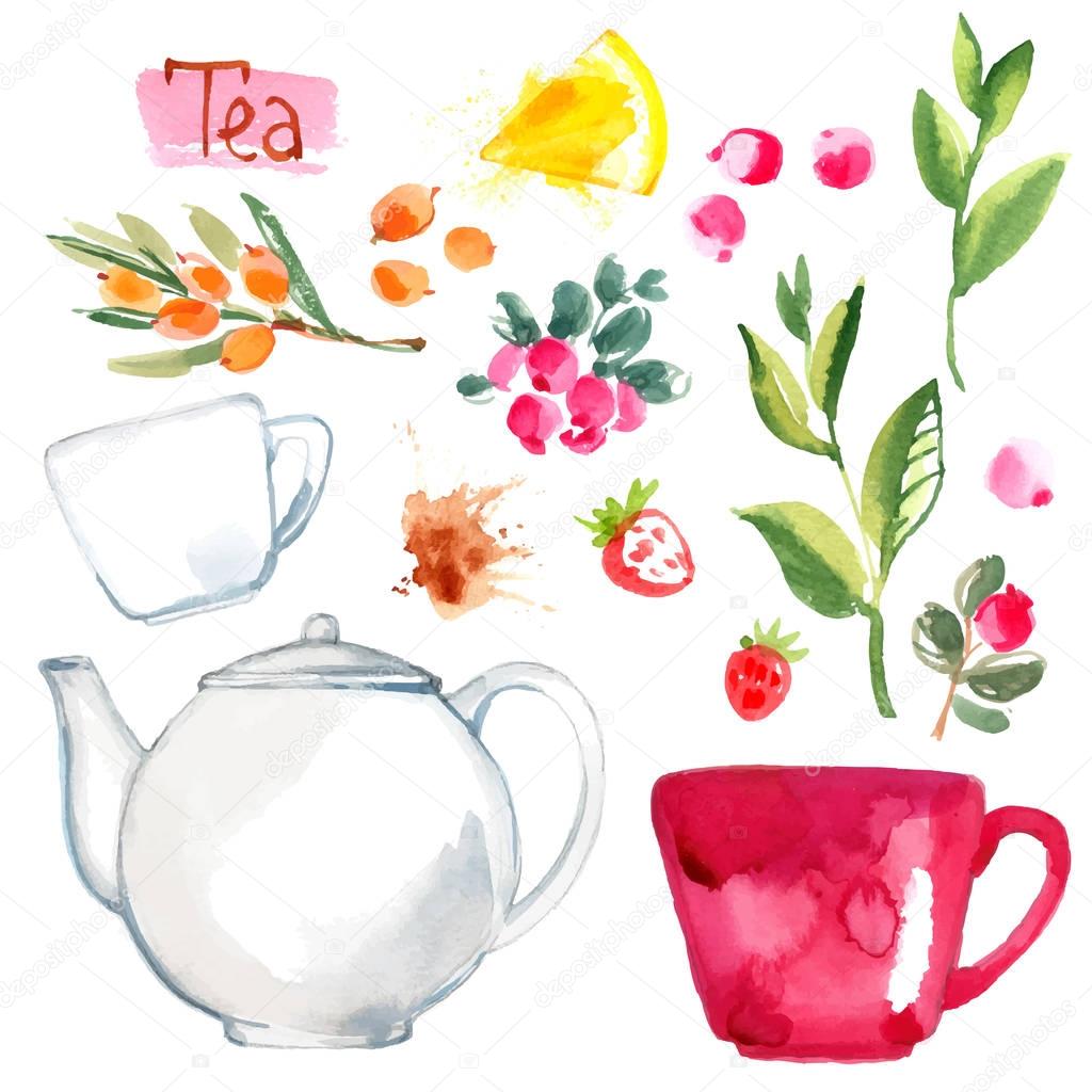 hand-drawn watercolor tea set