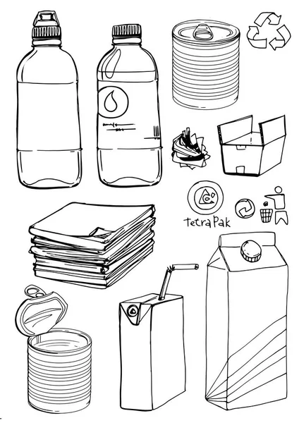 Skizze von recyclebaren Materialien — Stockvektor
