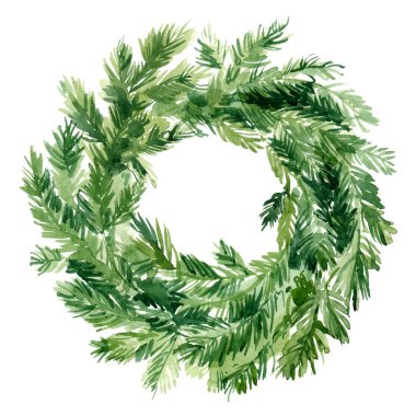 Noel çelengi. Beyaz arka planda suluboya boyayla boyanmış dallardan süsler. Ağaç dalları. Kırmızı böğürtlenli Holly sprigs.