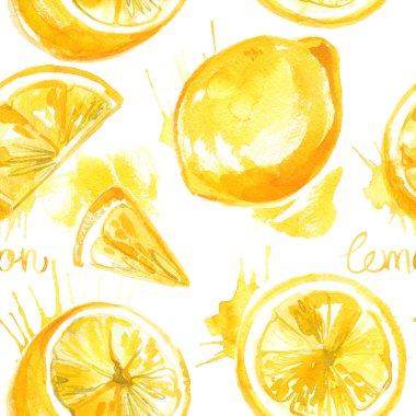 Beyaz zemin üzerine suluboya ile limon boyalı. Limon muz sarı renkli sulu boya meyve lekesi