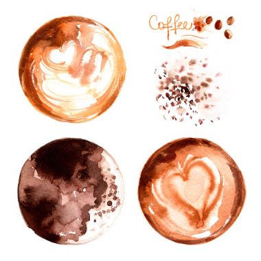 Beyaz zemin üzerine suluboya ile kahve fincanı boyalı. İçki ve tatlılar. Soyut sulu boya lekeleri, kahve izleri.