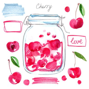 Öğeleri kümesi beyaz kağıt üzerine suluboya boyalı. Kiraz kavanoz reçel, reçel, simgeler, işaretler, meyveler, yapraklar, kırmızı reçel